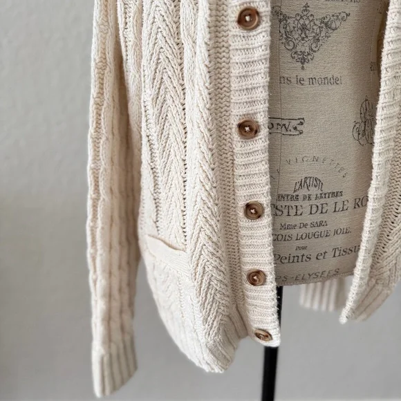 Cream Cable-Knit Button-Front Cardigan made in USA 100% cotton - Picture 4 of 10